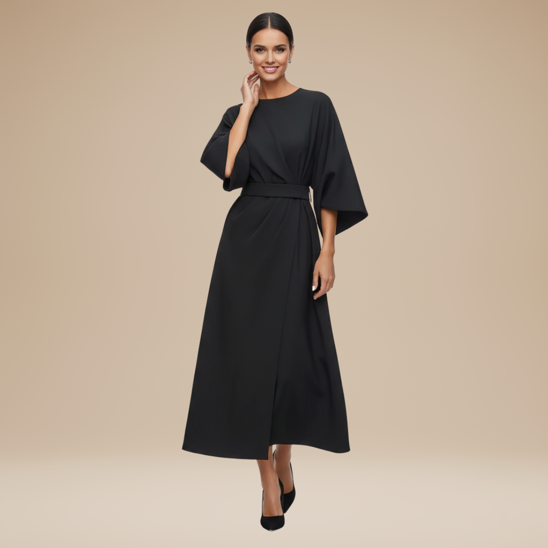 Wide Sleeve Wrap Midi Dress for Women | Belted V-Neckline