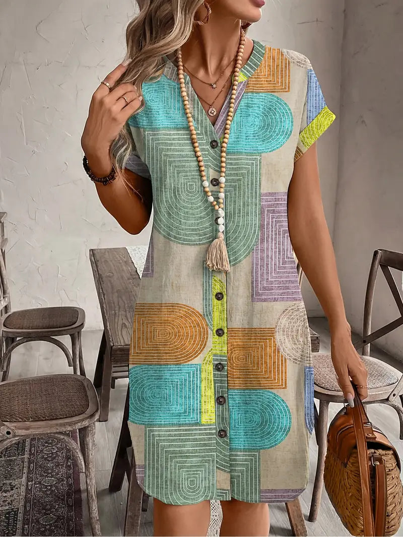 Boho Button-Front V-Neck Mini Dress for Women