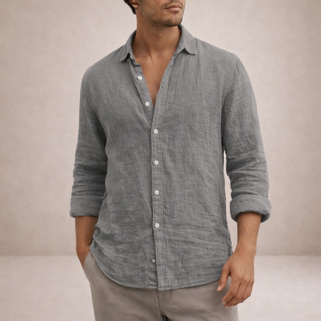 Linen Regular Fit Long Sleeve Open Collar Shirt for Men