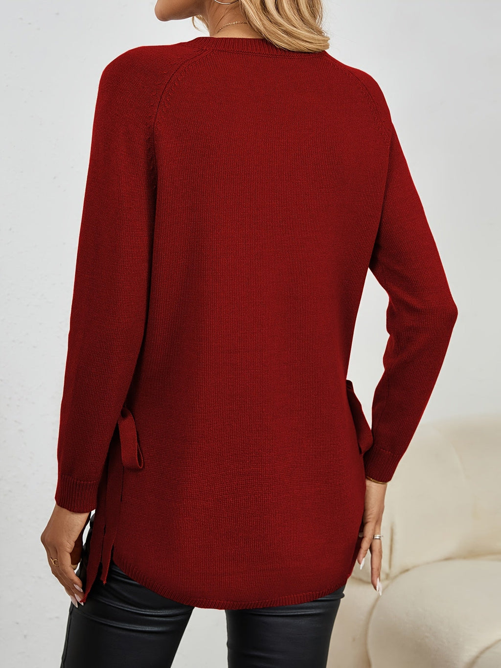 Relaxed Fit Longline Round Neck Pullover Sweater with Side Slits for Women