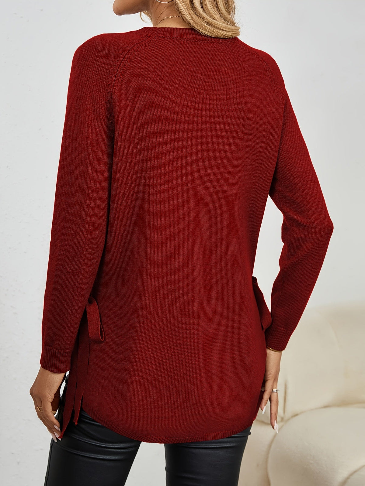 Relaxed Fit Longline Round Neck Pullover Sweater with Side Slits for Women