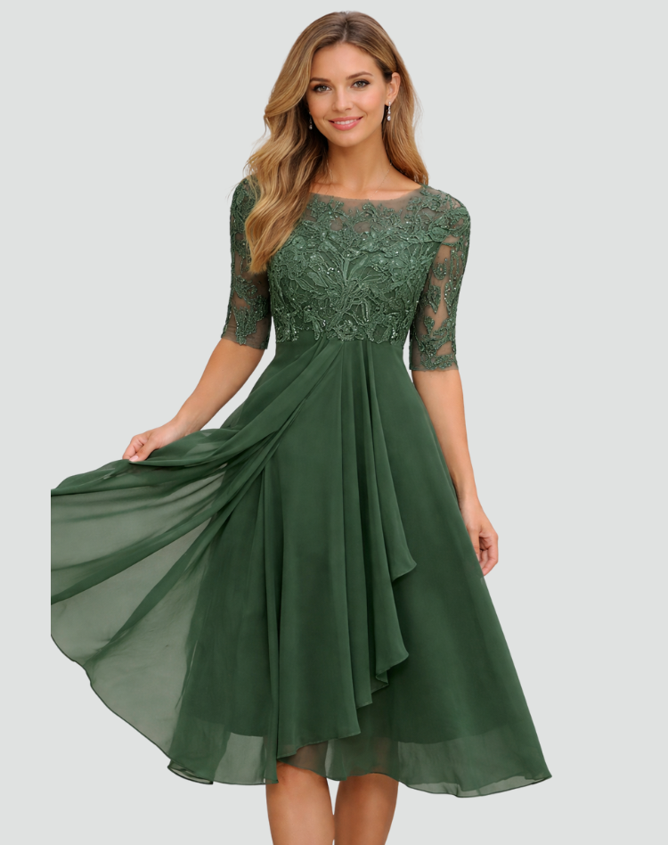 Lace Bodice Three-Quarter Sleeve Midi Party Dress for Women