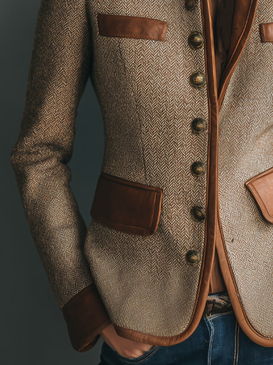 Brown Tweed Style Fitted Vintage Jacket with Trim and Pockets for Women