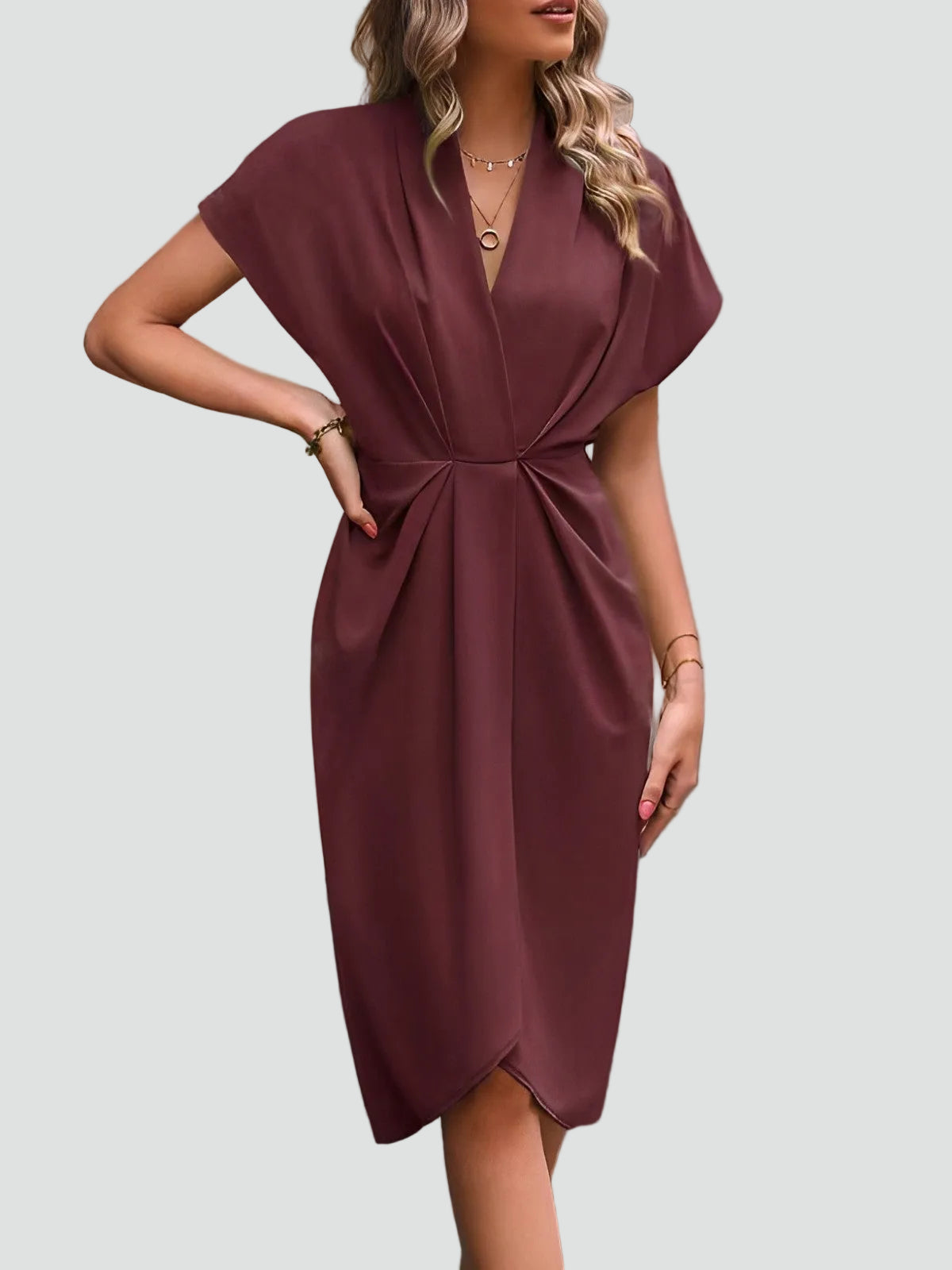 Wrap Midi Dress for Women Regular Fit V-Neck with Loose Sleeves