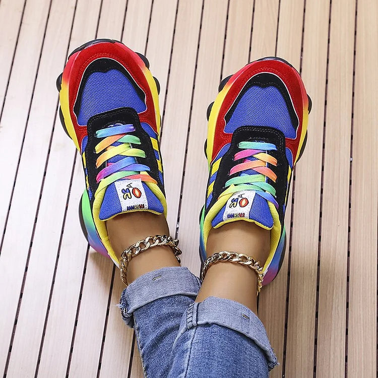 Rainbow Blue Green Orthopedic Walking Sneakers with Wide Toe Box for Women