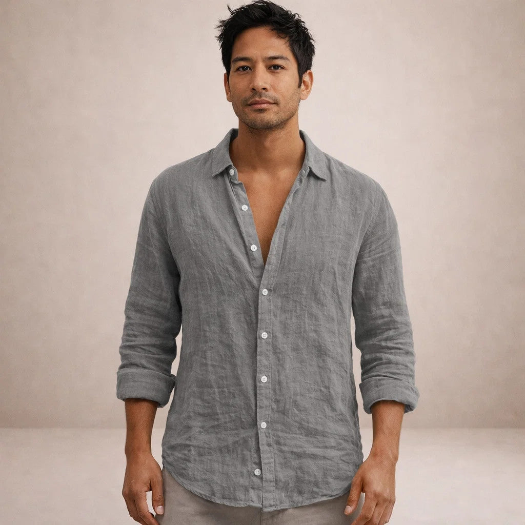 Linen Regular Fit Long Sleeve Open Collar Shirt for Men