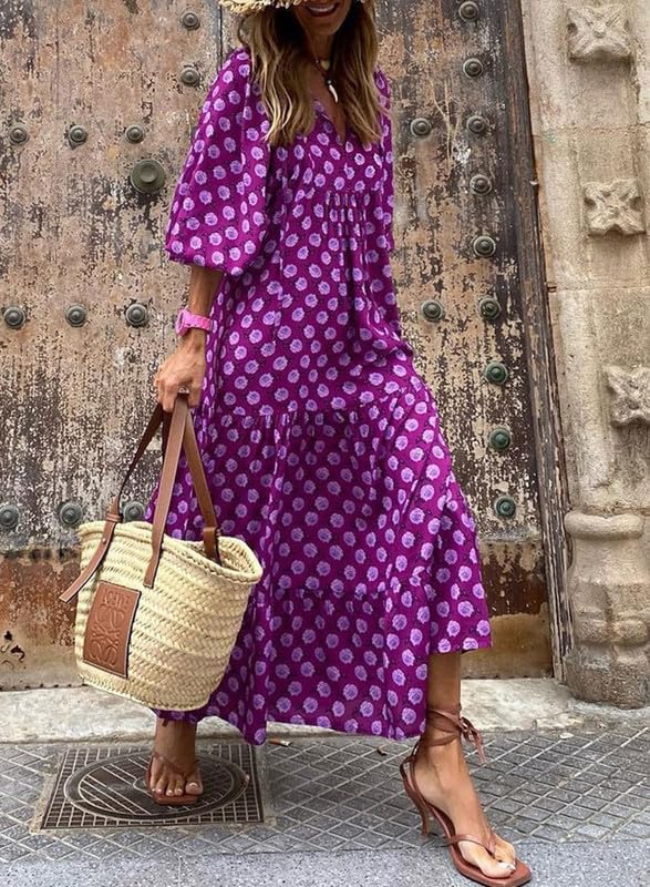 Floral Print Puff Sleeve Maxi Dress for Women | Summer Boho