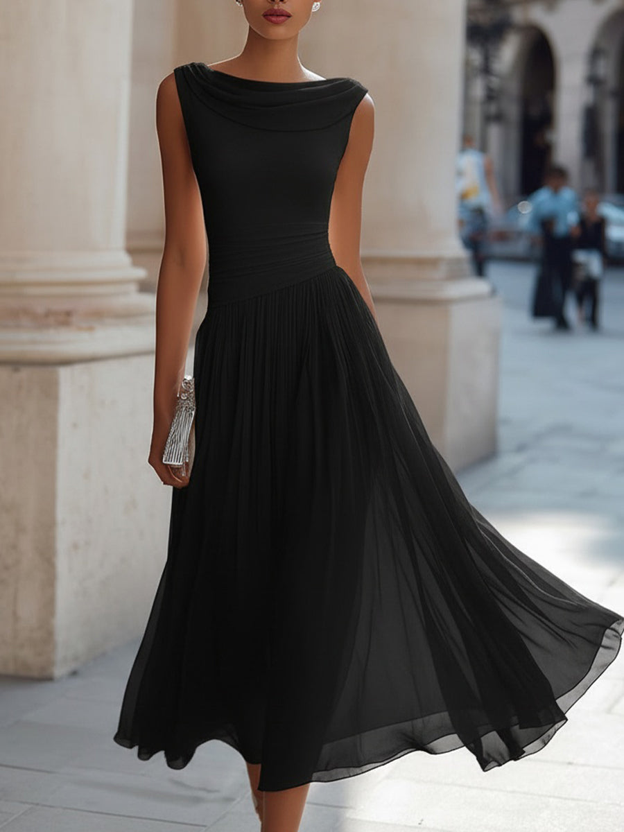Draped Neck Sleeveless Pleated Midi Dress for Women | Occasion Wear