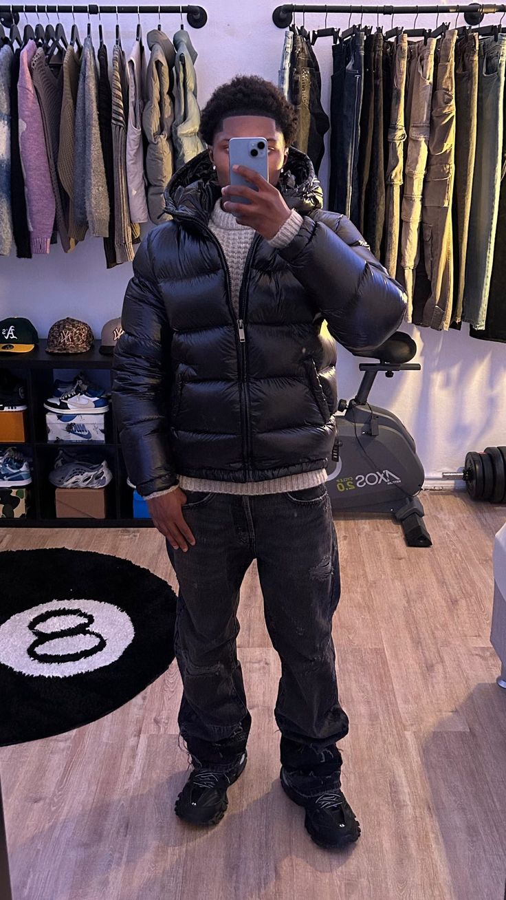 Quilted Winter Jacket with Hood High Collar and Full Zip Pockets for Men