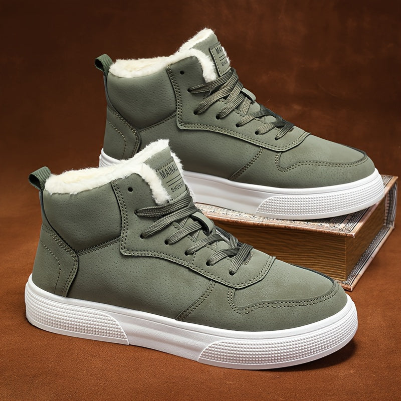 Warm Plush Lined High Top Lace Up Sneakers with Grip Sole for Men | Winter Wear