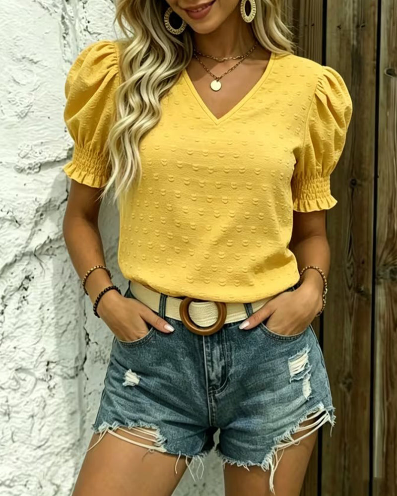 Yellow Bubble Sleeve V-Neck Jacquard Blouse for Women