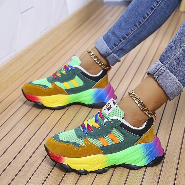 Rainbow Blue Green Orthopedic Walking Sneakers with Wide Toe Box for Women