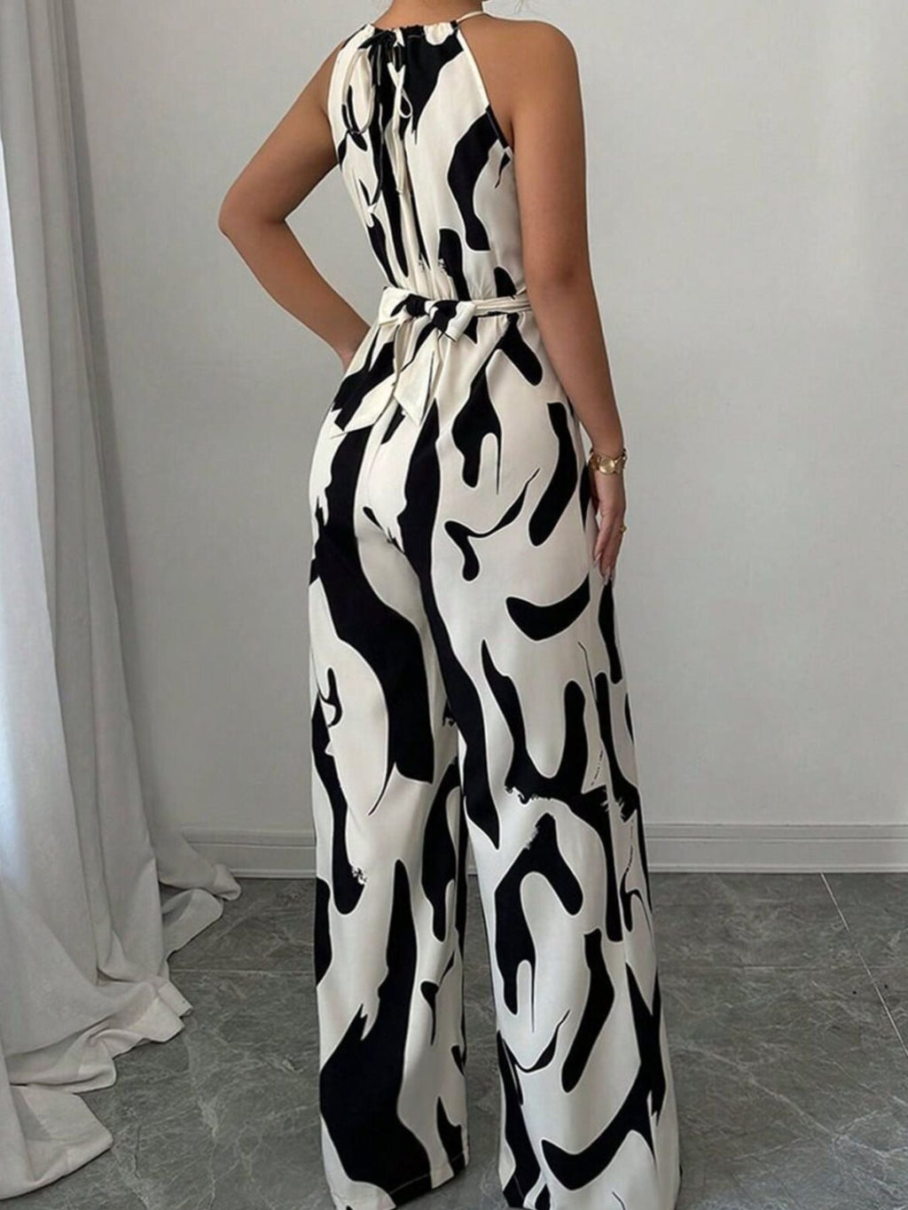 Black Abstract Print Wide Leg Jumpsuit for Women