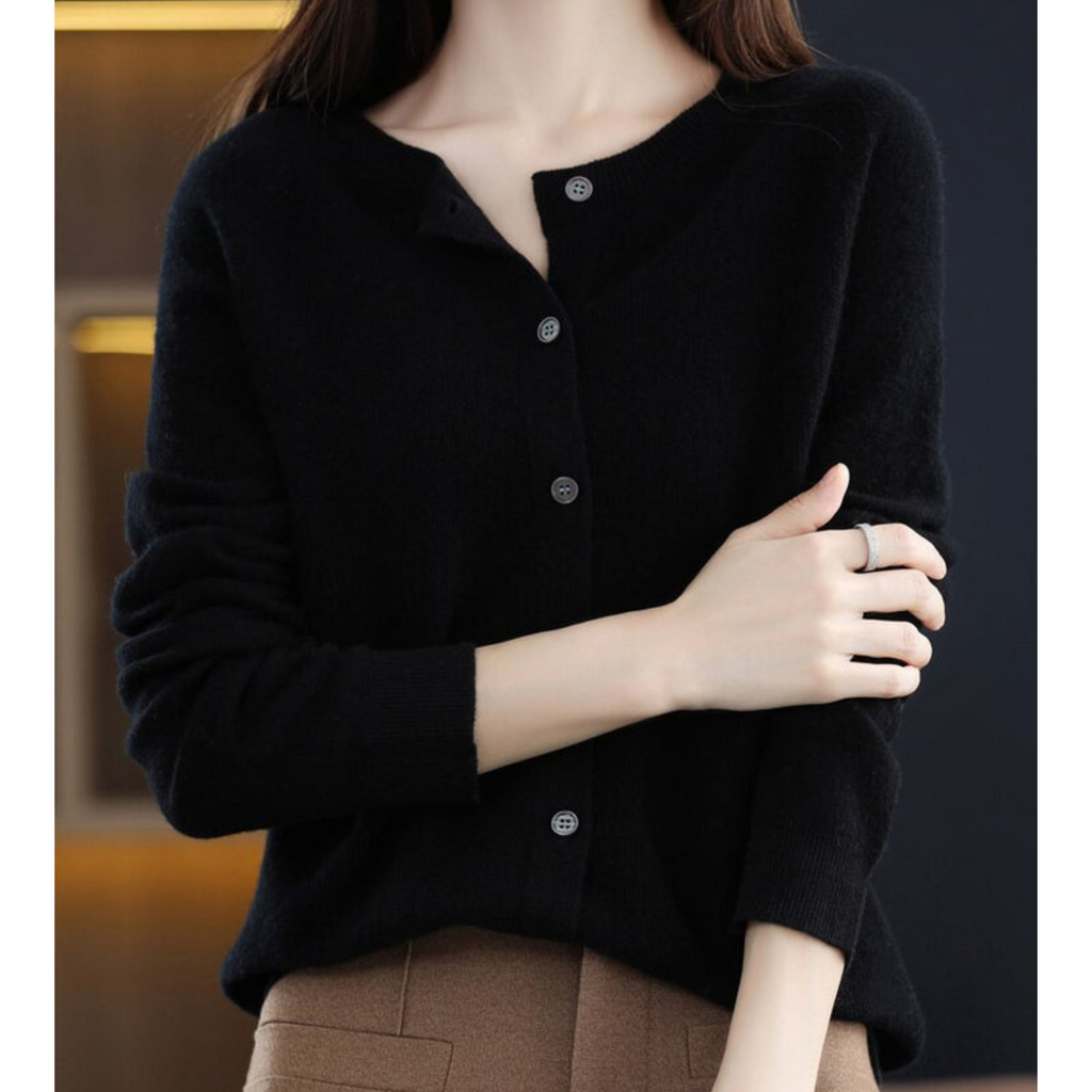 Merino Wool Cashmere Round Neck Button Front Long Sleeve Cardigan for Women