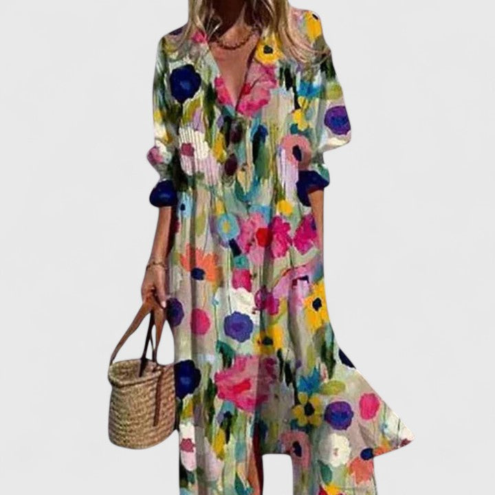 Leaf Print Maxi Shirt Dress for Women | Floor-Length Boho Style