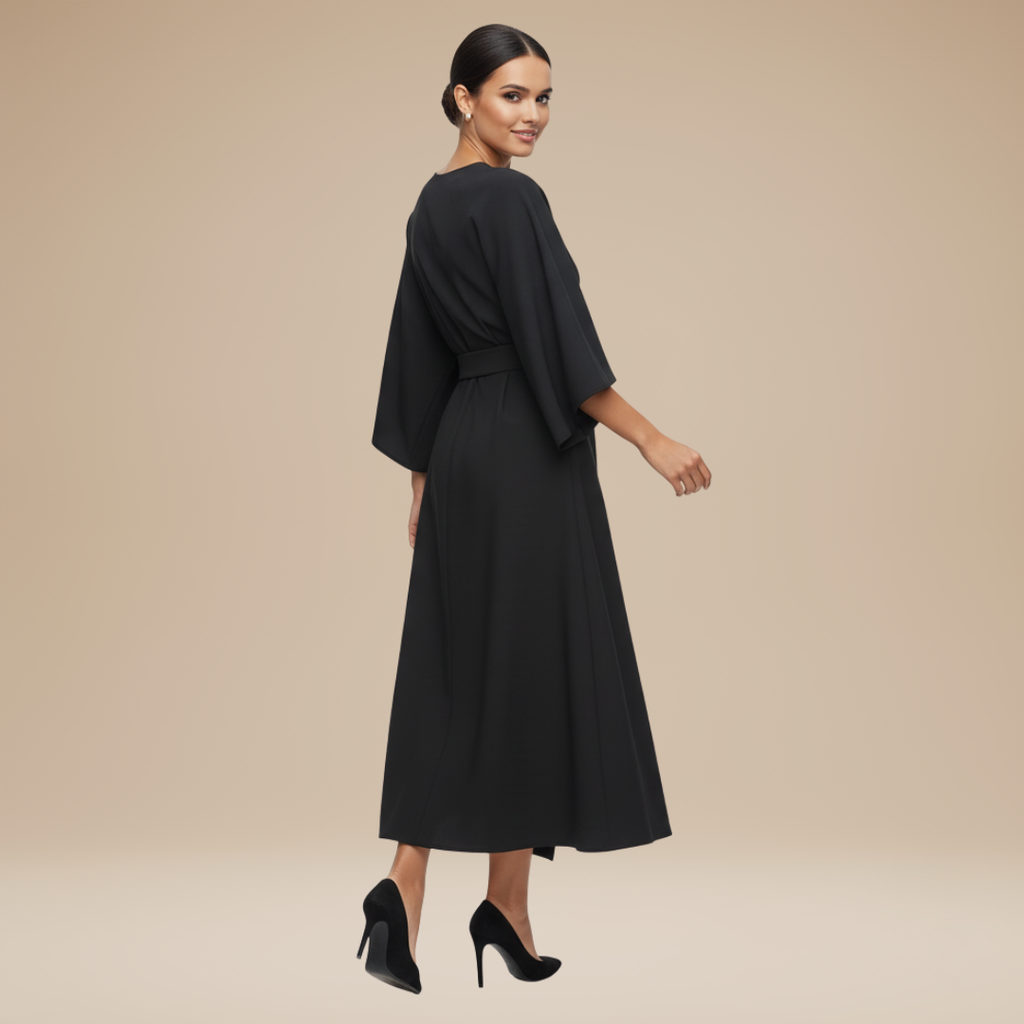 Wide Sleeve Wrap Midi Dress for Women | Belted V-Neckline