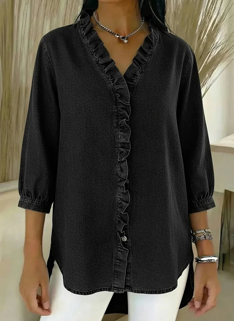 Denim V-Neck Ruffled Shirt for Women | Relaxed Fit Top