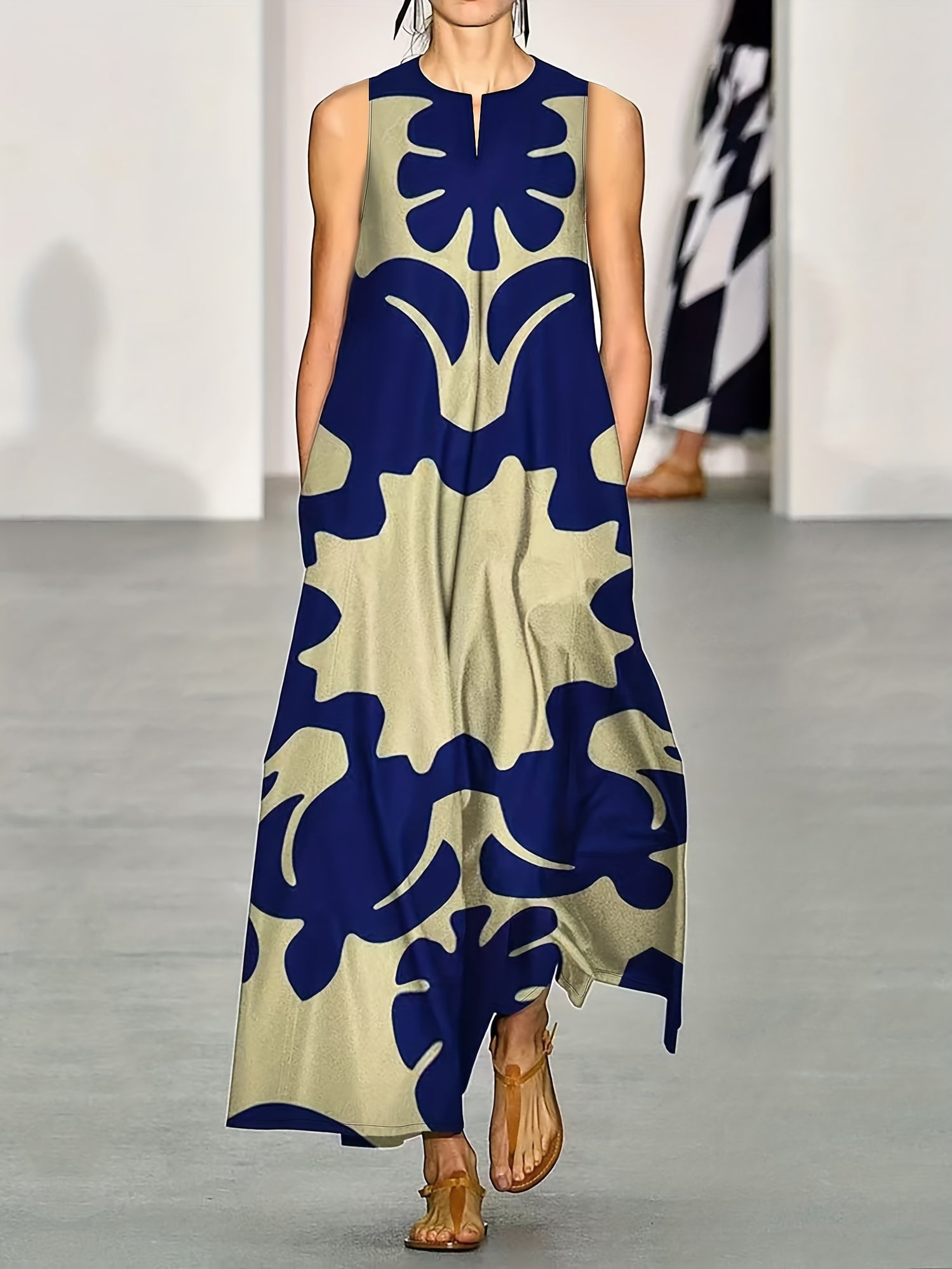 Blue Floral V-Neck Sleeveless Swing Maxi Dress for Women | With Pockets