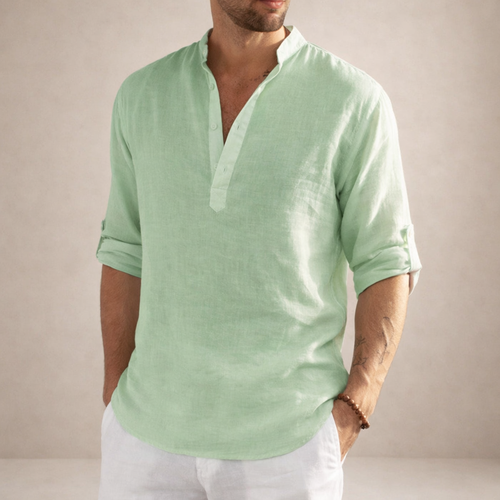 Linen Regular Fit Shirt for Men with Stand Collar and Long Sleeves