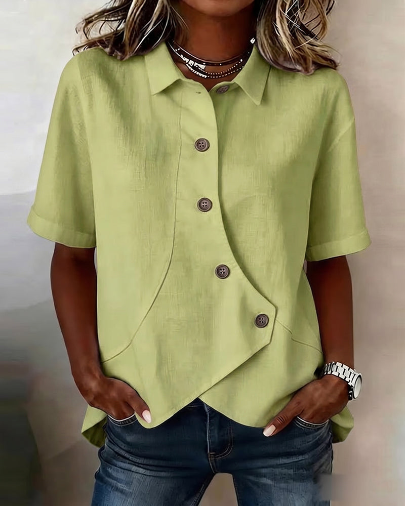 Cotton Linen Asymmetric Placket Button-Down Shirt for Men
