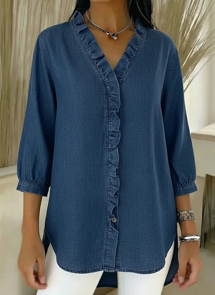 Denim V-Neck Ruffled Shirt for Women | Relaxed Fit Top
