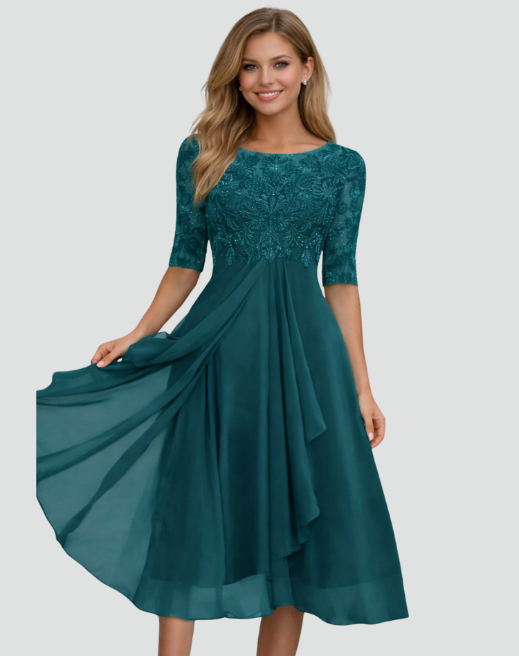Lace Bodice Three-Quarter Sleeve Midi Party Dress for Women