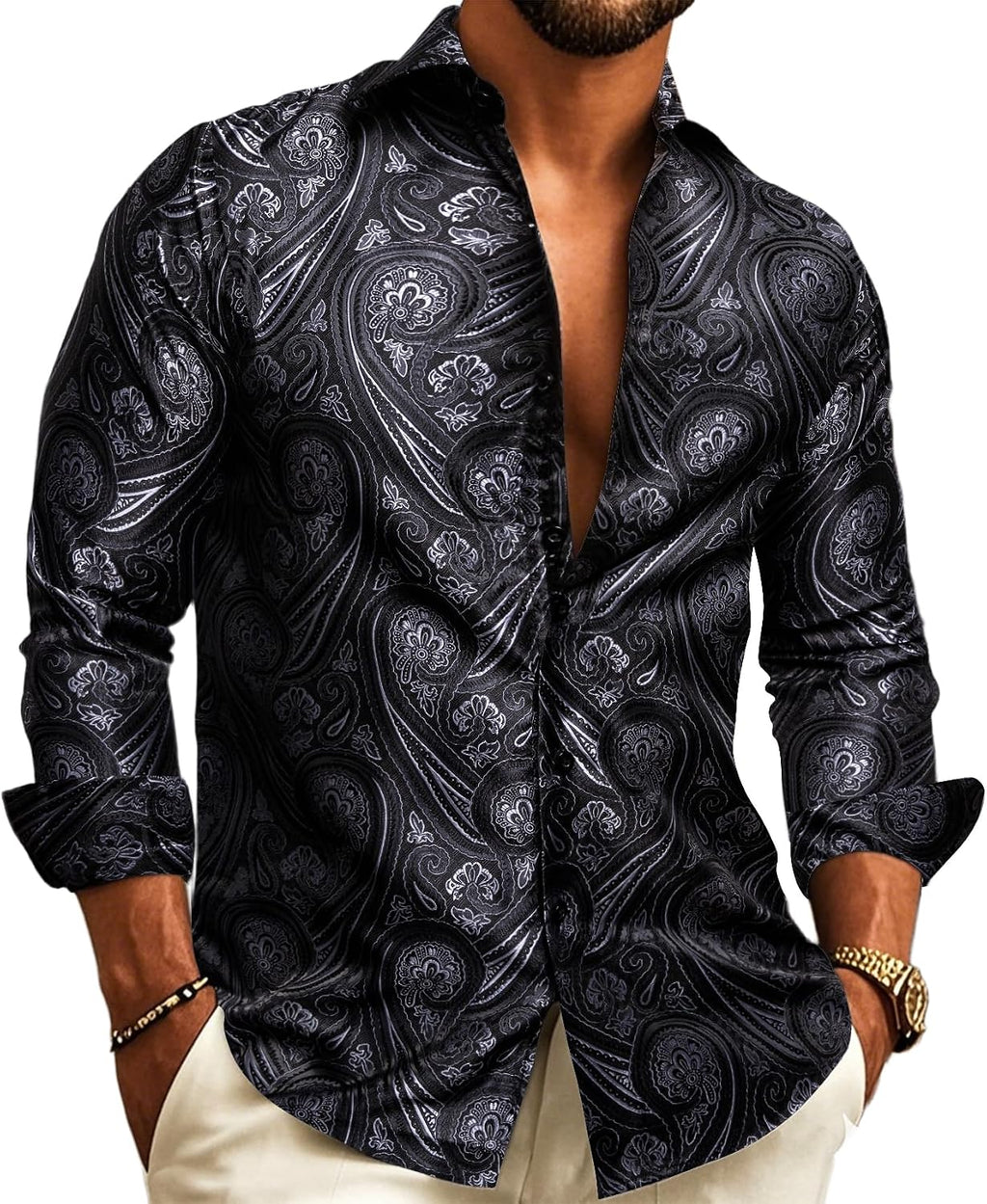 Paisley Jacquard Button Front Long Sleeve Dress Shirt for Men | Wedding Wear