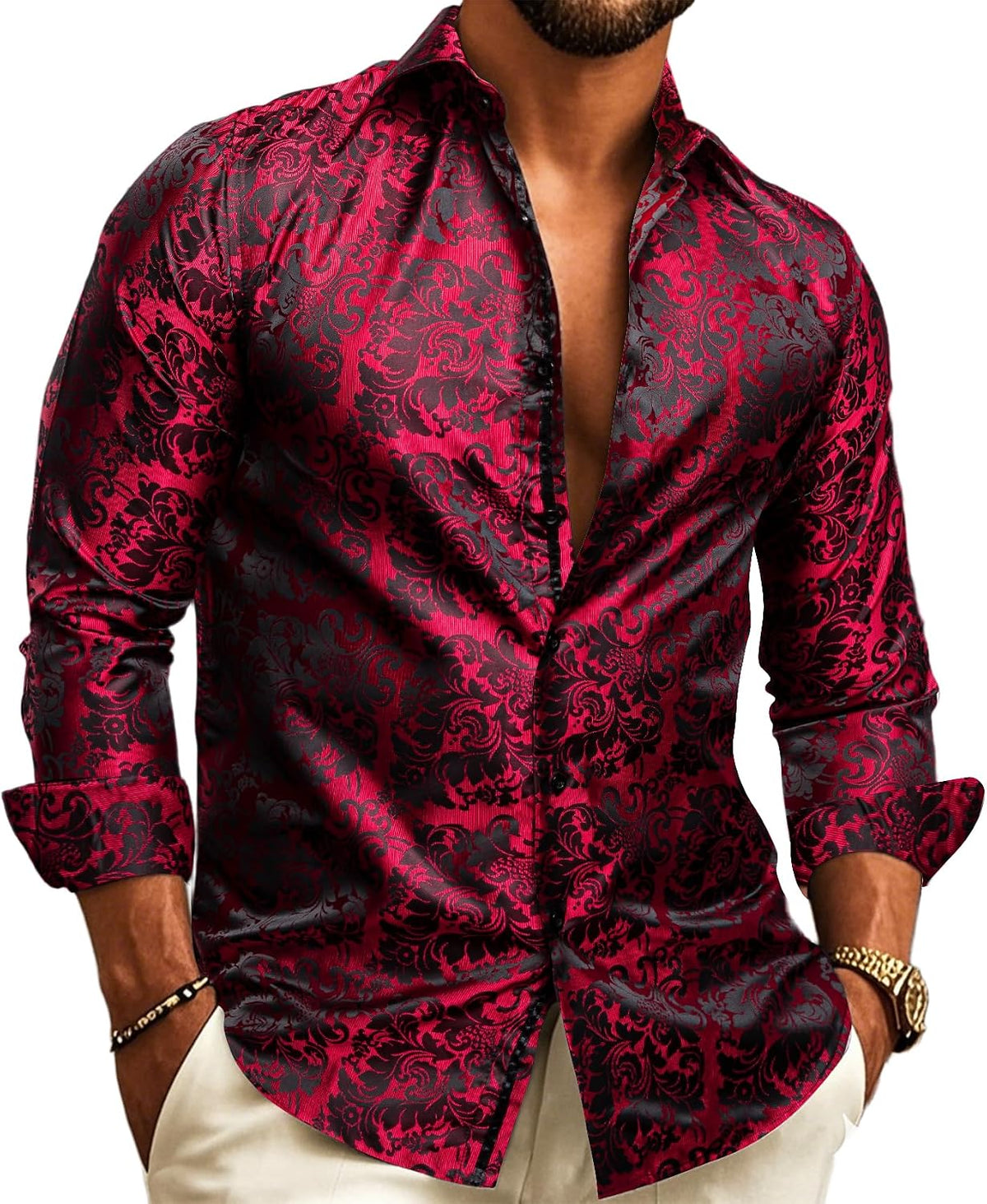 Paisley Jacquard Button Front Long Sleeve Dress Shirt for Men | Wedding Wear