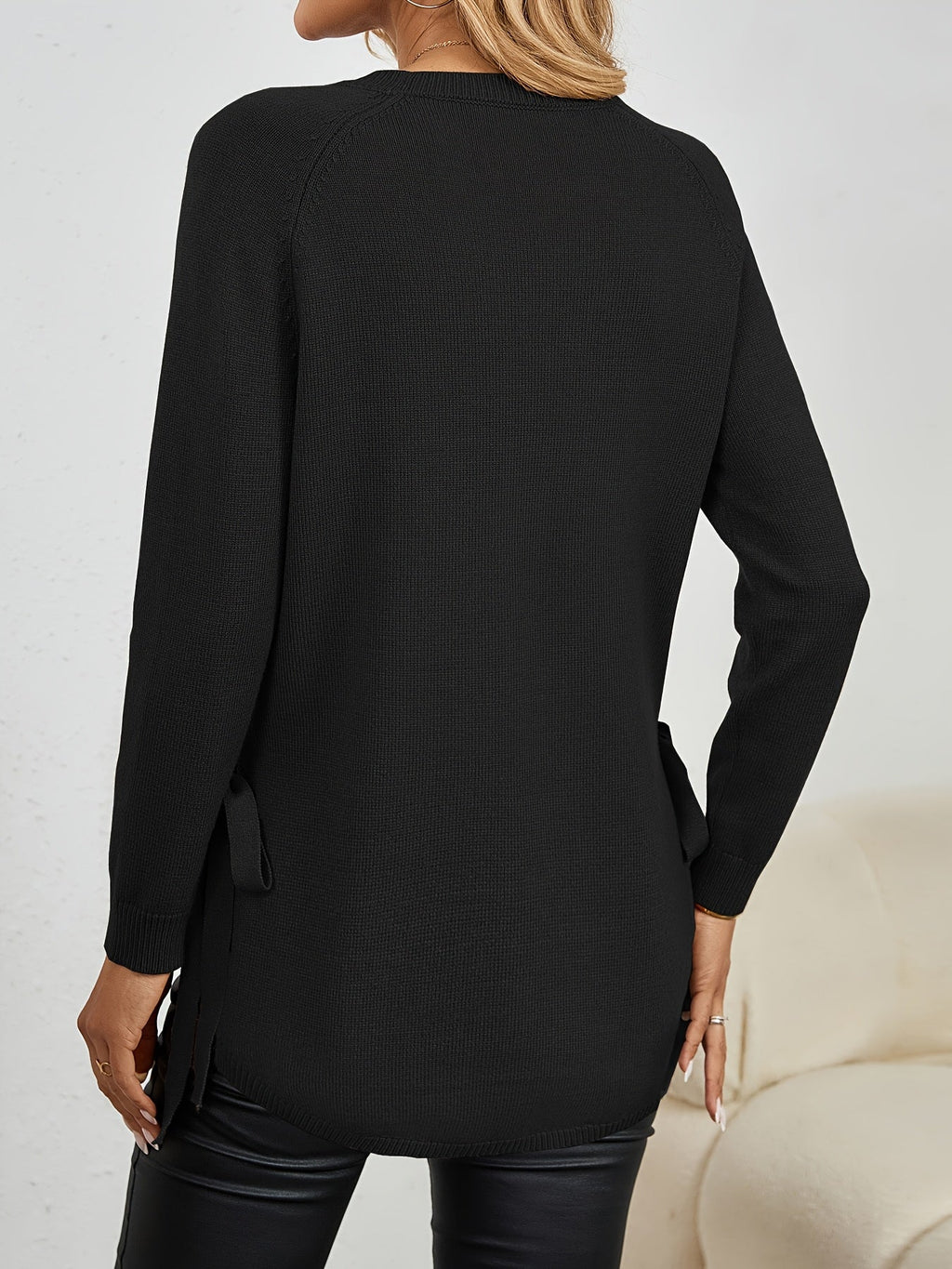Relaxed Fit Longline Round Neck Pullover Sweater with Side Slits for Women