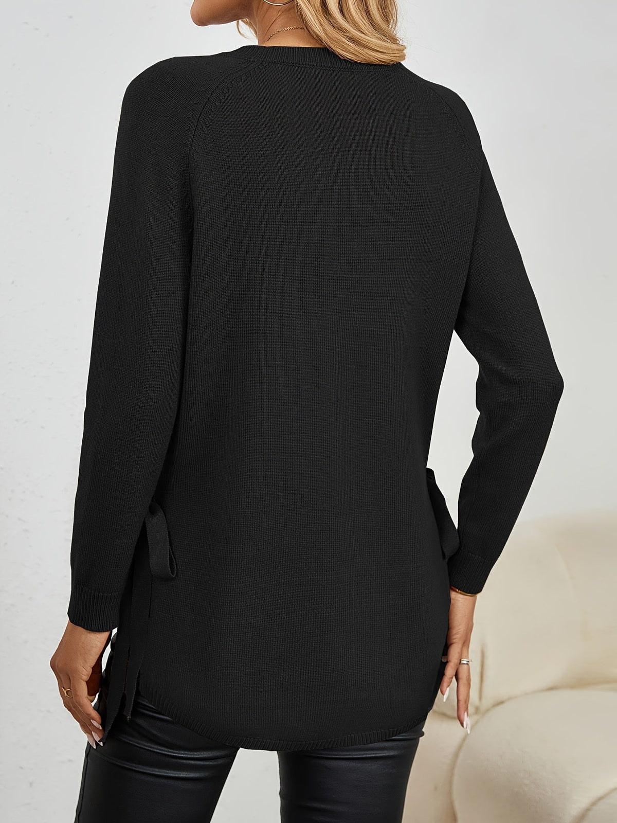 Relaxed Fit Longline Round Neck Pullover Sweater with Side Slits for Women