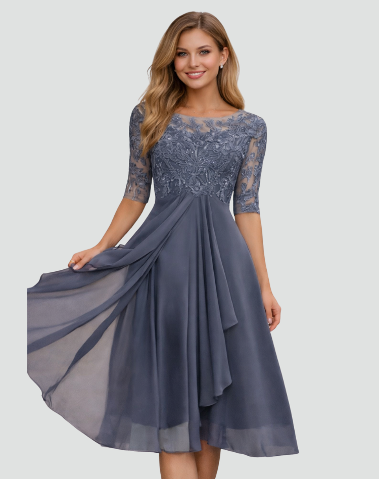Lace Bodice Three-Quarter Sleeve Midi Party Dress for Women