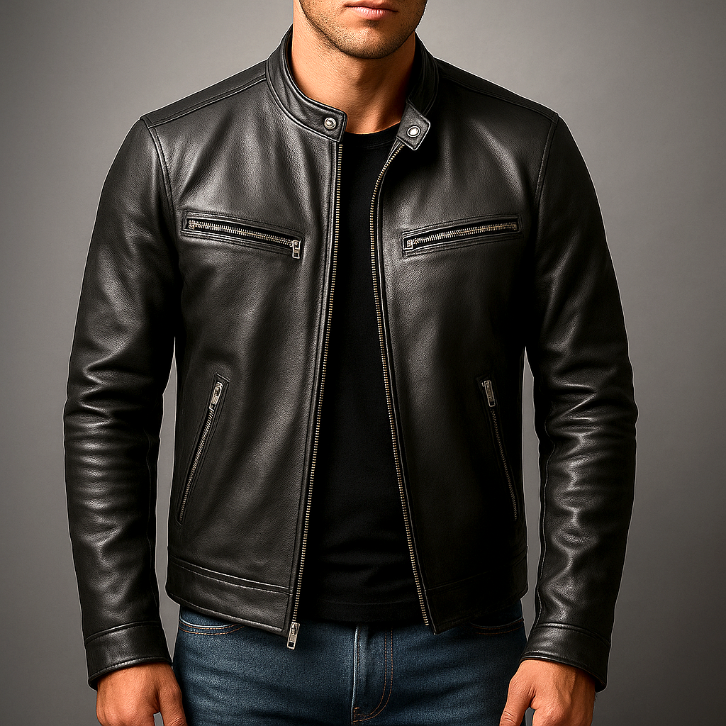 Brown Vintage Leather Jacket with Reinforced Seams and Metal Zipper for Men