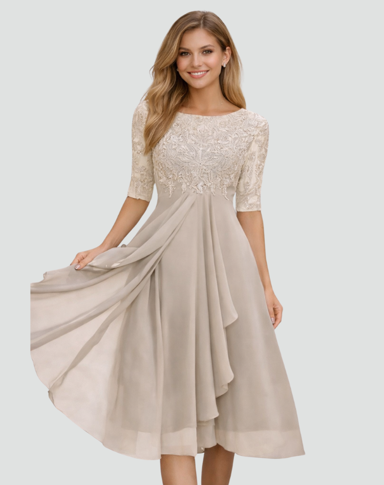 Lace Bodice Three-Quarter Sleeve Midi Party Dress for Women