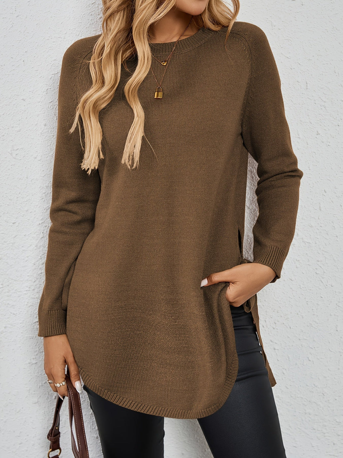 Relaxed Fit Longline Round Neck Pullover Sweater with Side Slits for Women