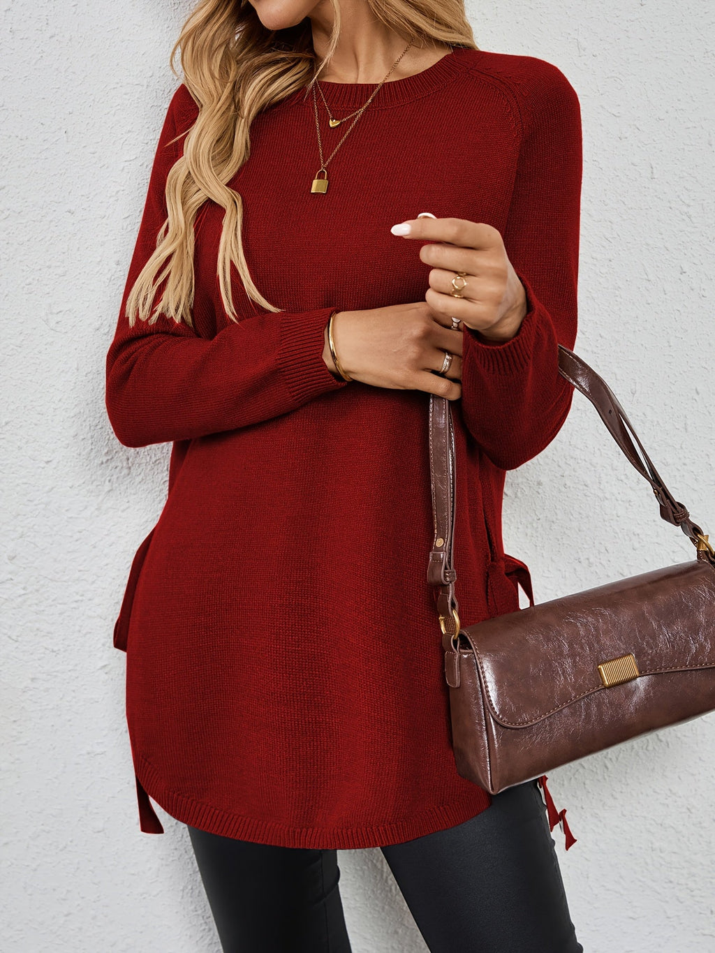 Relaxed Fit Longline Round Neck Pullover Sweater with Side Slits for Women