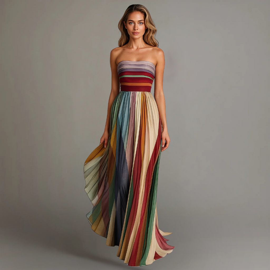 Strapless Colourful Pleated Maxi Dress for Women | Summer