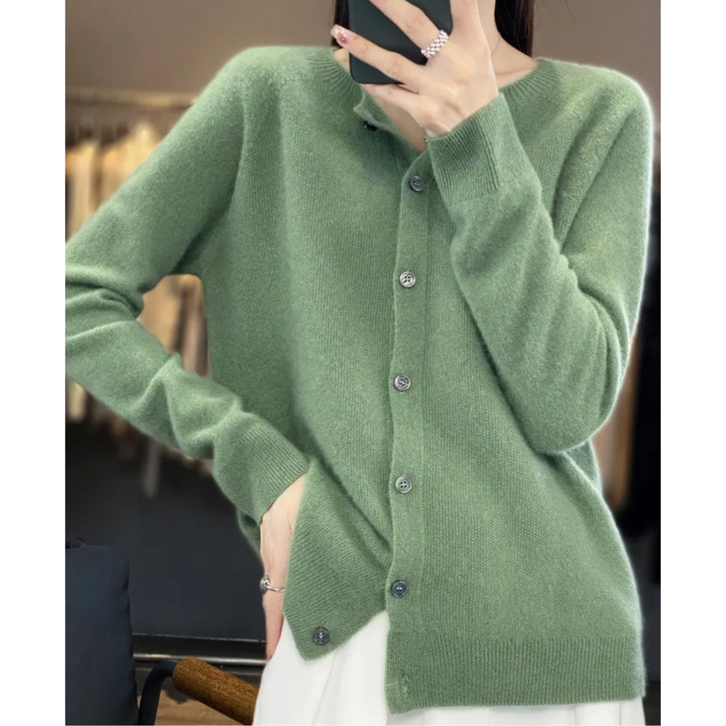 Merino Wool Cashmere Round Neck Button Front Long Sleeve Cardigan for Women
