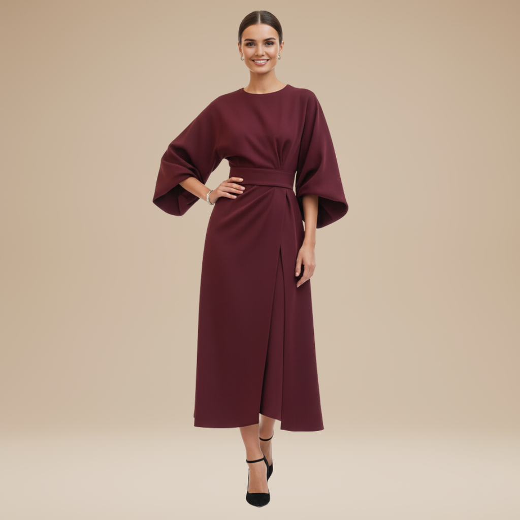 Wide Sleeve Wrap Midi Dress for Women | Belted V-Neckline