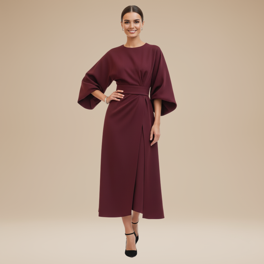 Wide Sleeve Wrap Midi Dress for Women | Belted V-Neckline