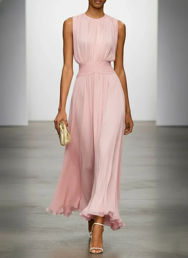 Sleeveless Ruched A-Line Chiffon Maxi Dress for Women | Wedding Guest