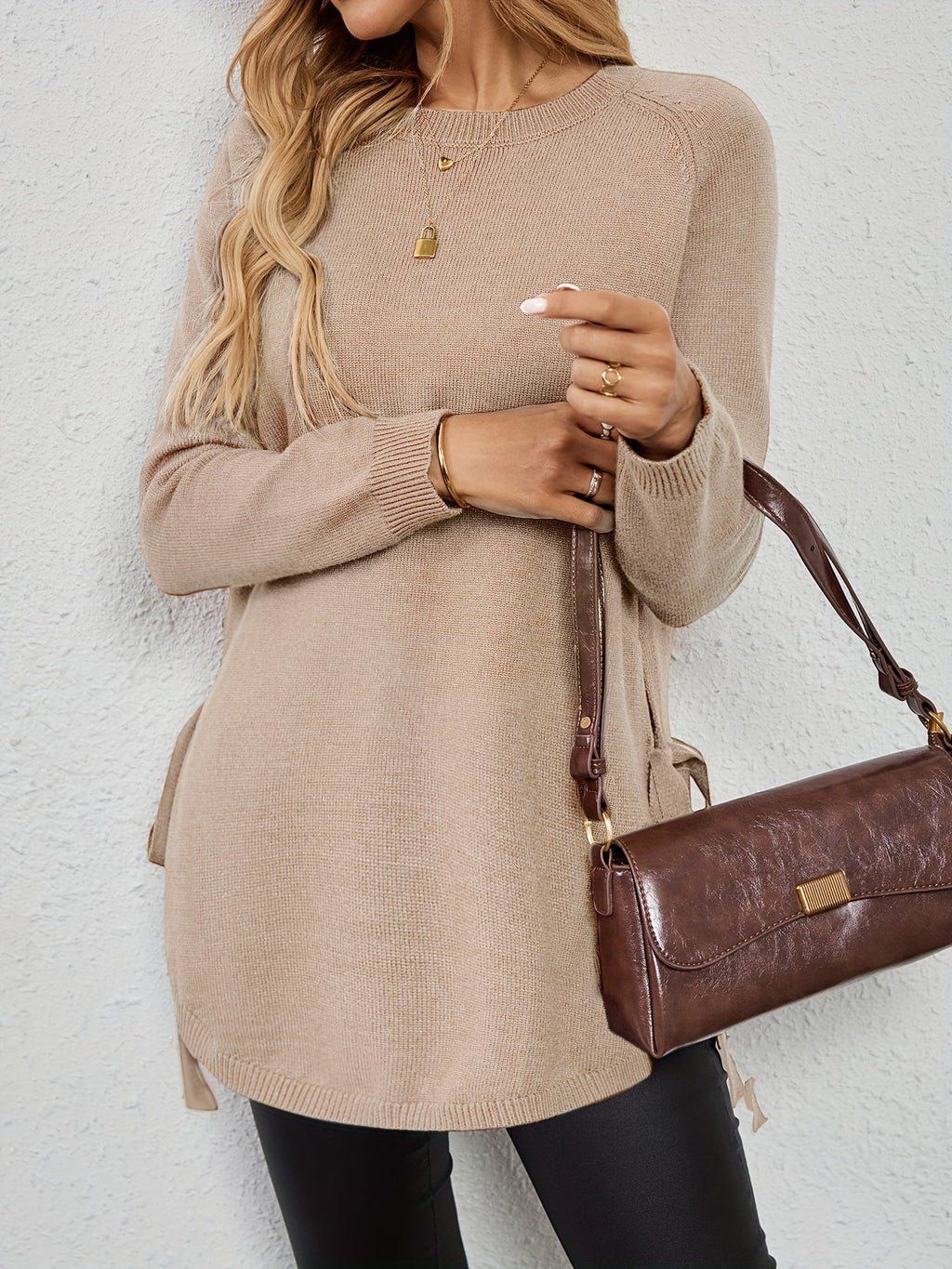 Relaxed Fit Longline Round Neck Pullover Sweater with Side Slits for Women