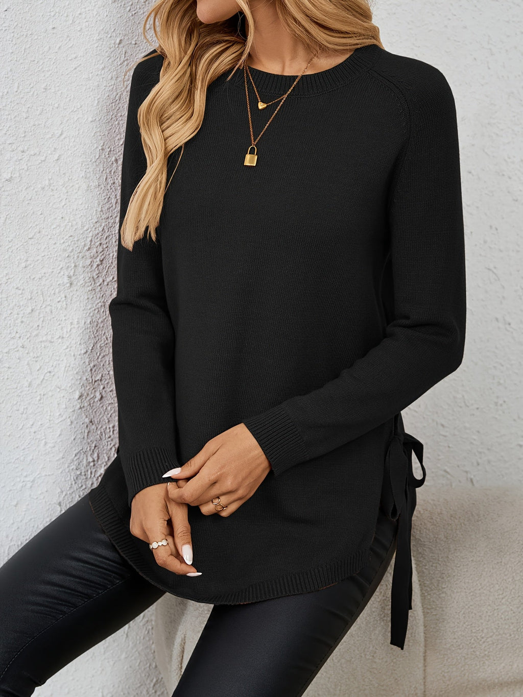Relaxed Fit Longline Round Neck Pullover Sweater with Side Slits for Women