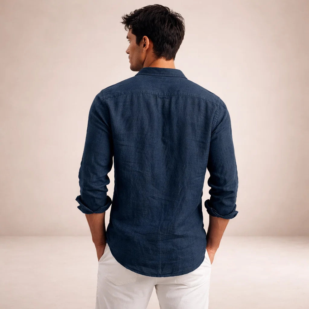 Linen Regular Fit Long Sleeve Open Collar Shirt for Men