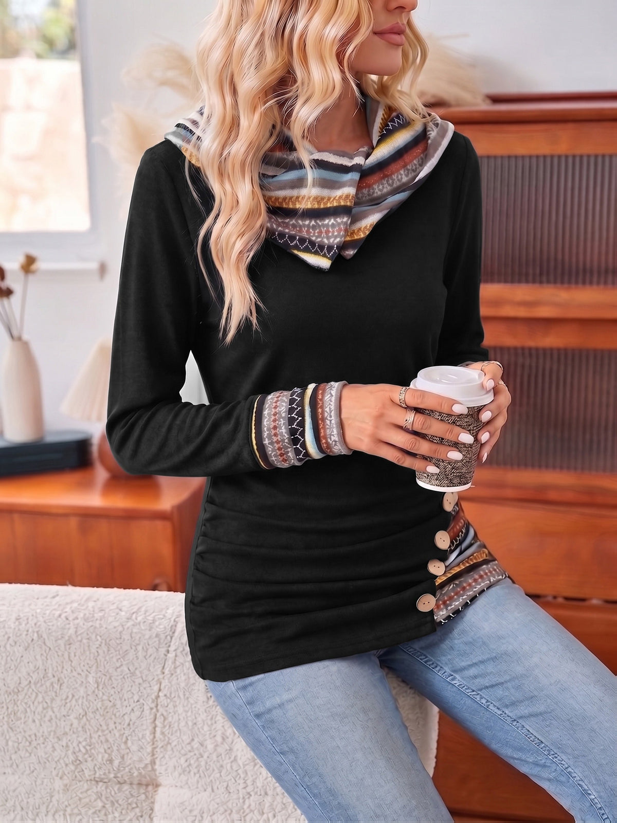 Casual Patchwork Hoodie with Striped Trim and Decorative Buttons for Women