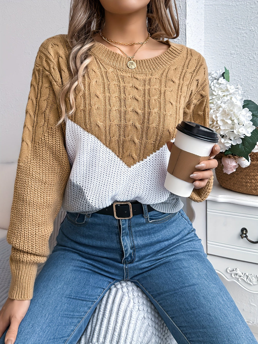 Stretch Knit Color Block Round Neck Sweater for Women | Fall Winter Layering