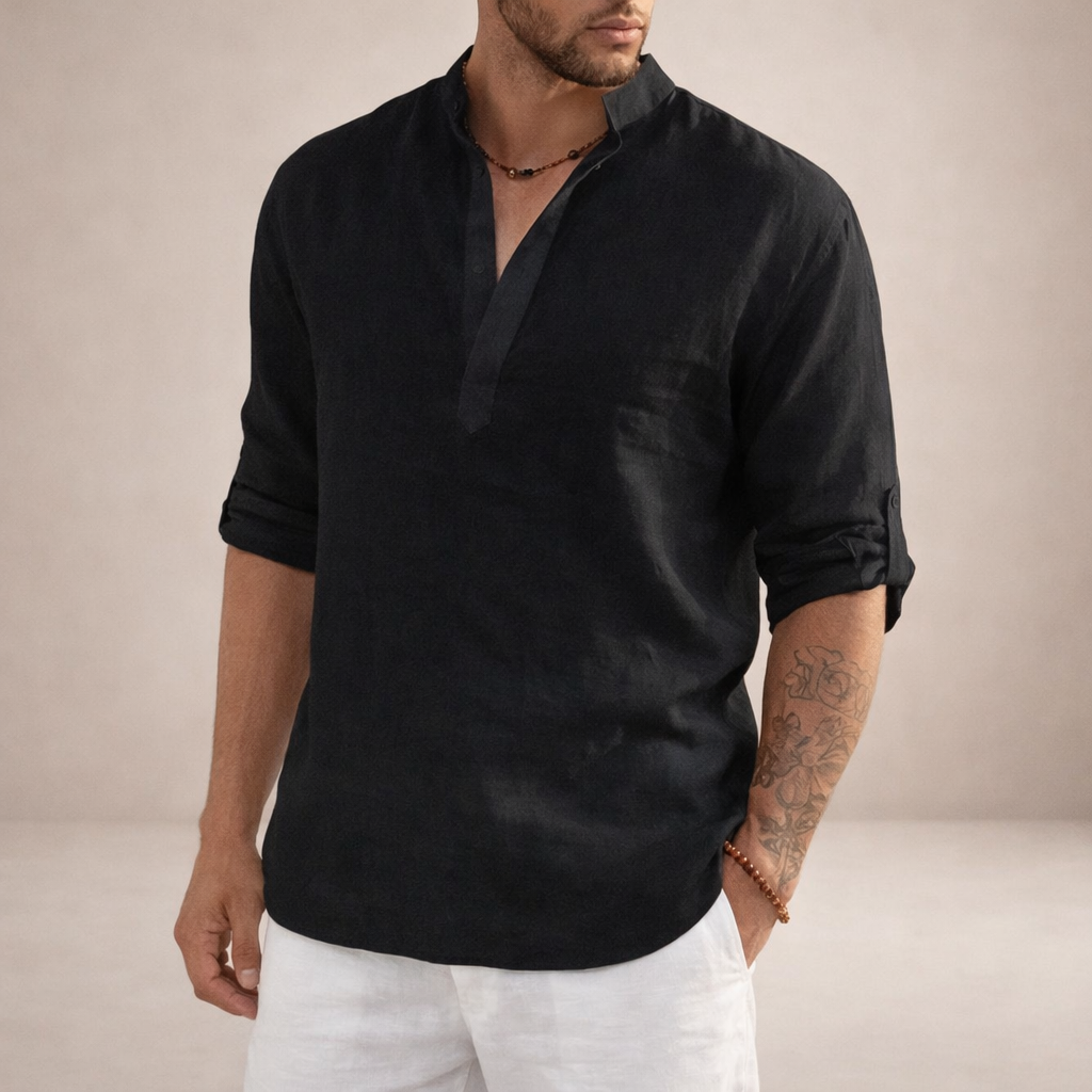 Linen Regular Fit Shirt for Men with Stand Collar and Long Sleeves