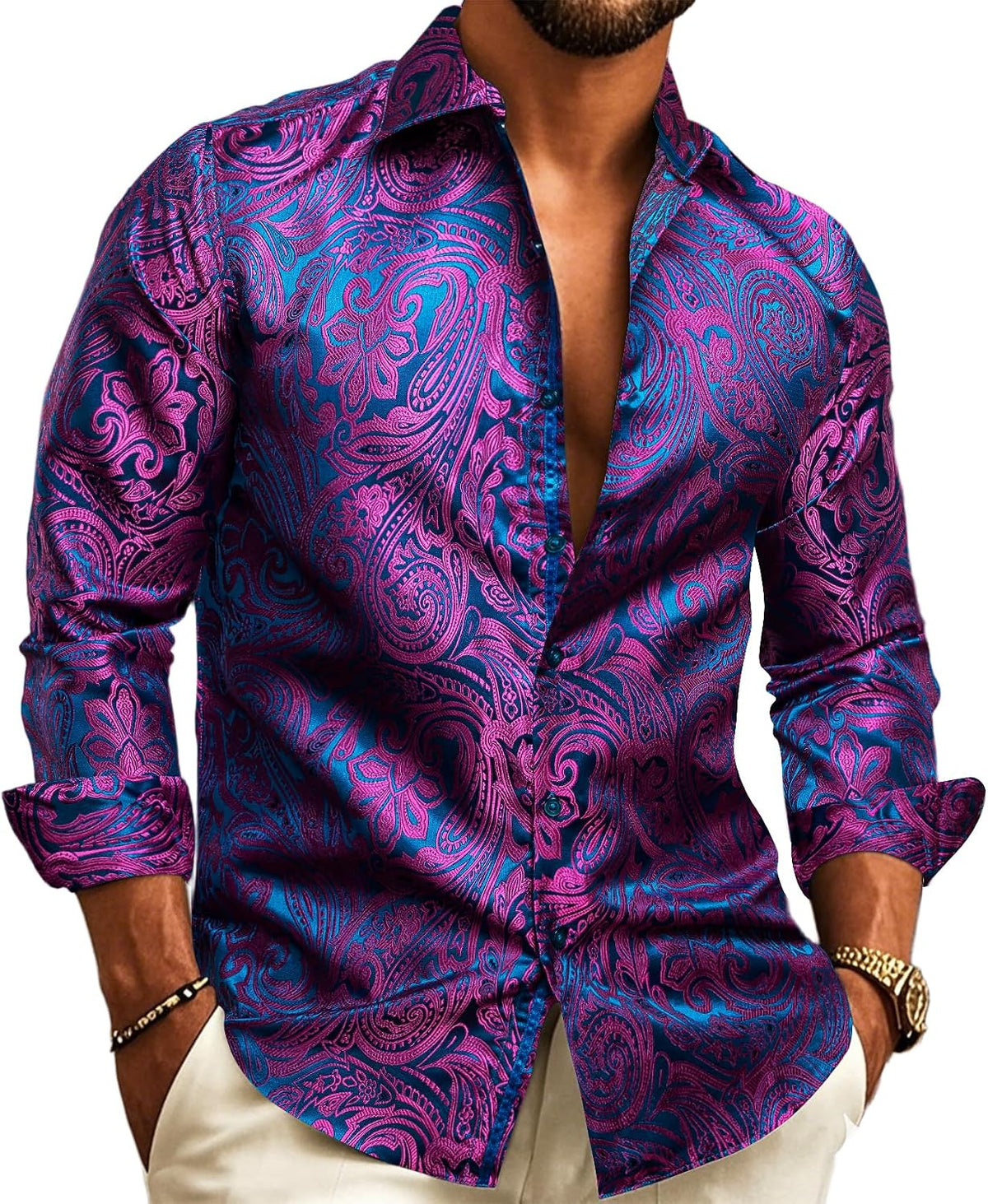 Paisley Jacquard Button Front Long Sleeve Dress Shirt for Men | Wedding Wear