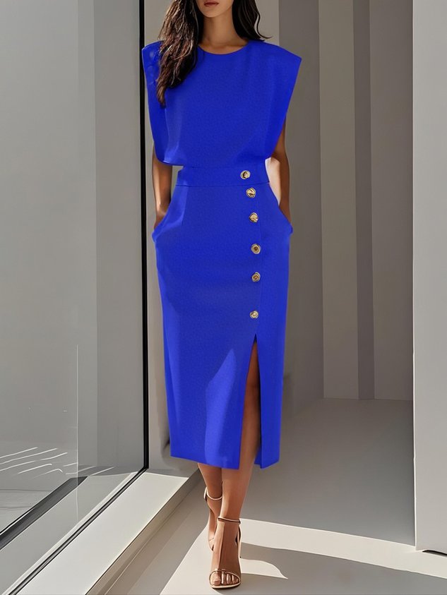 Round Neck Midi Dress with Button Slit Detail for Women