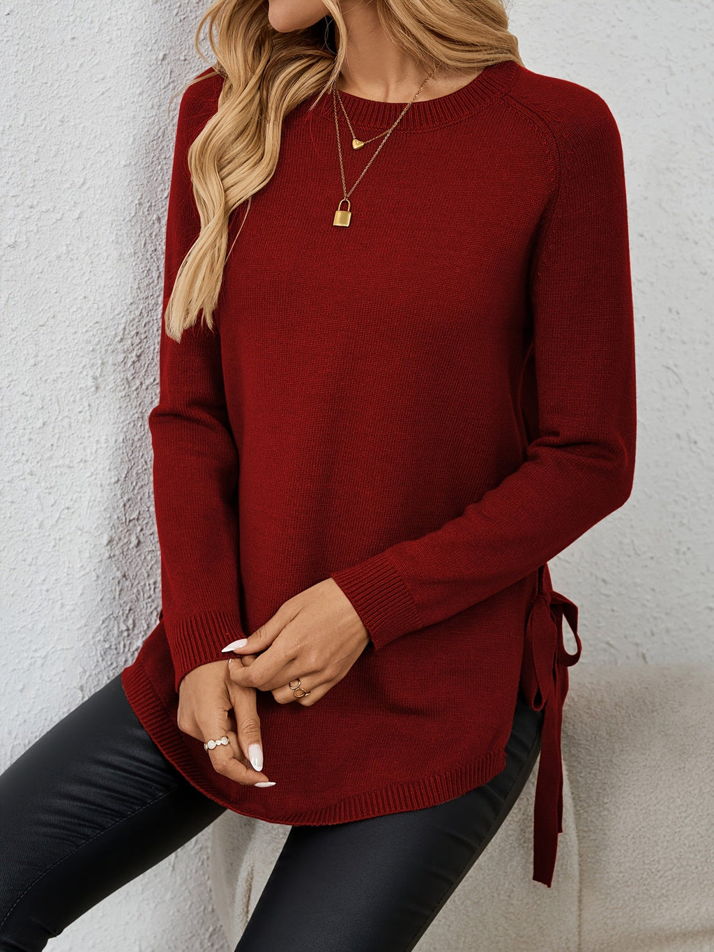 Relaxed Fit Longline Round Neck Pullover Sweater with Side Slits for Women