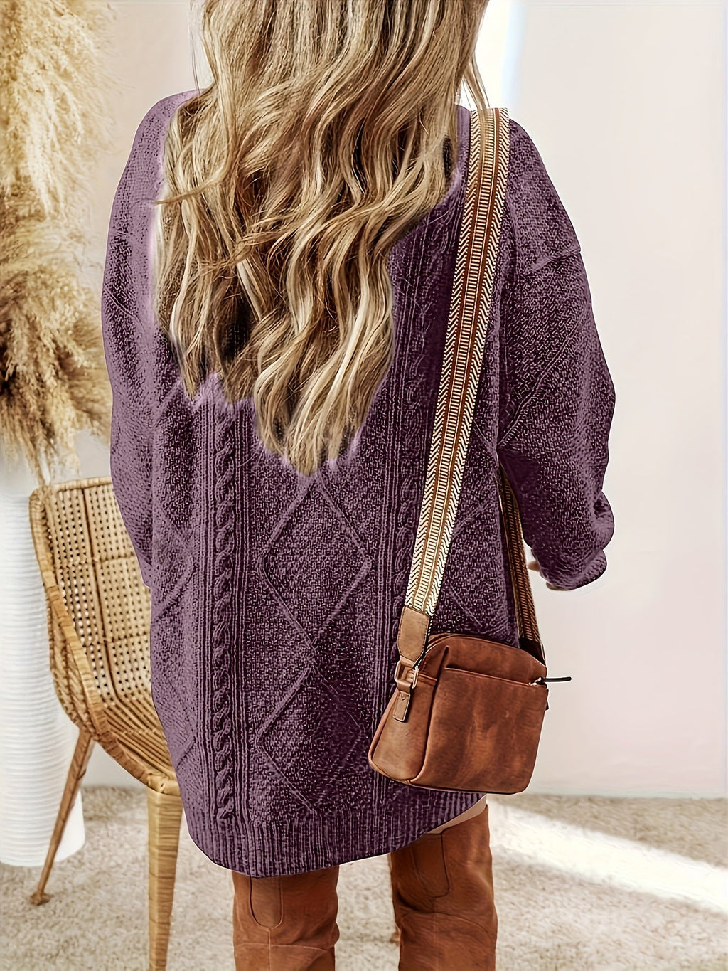 Cable Knit Relaxed Fit Round Neck Sweater Dress for Women | Diamond Texture